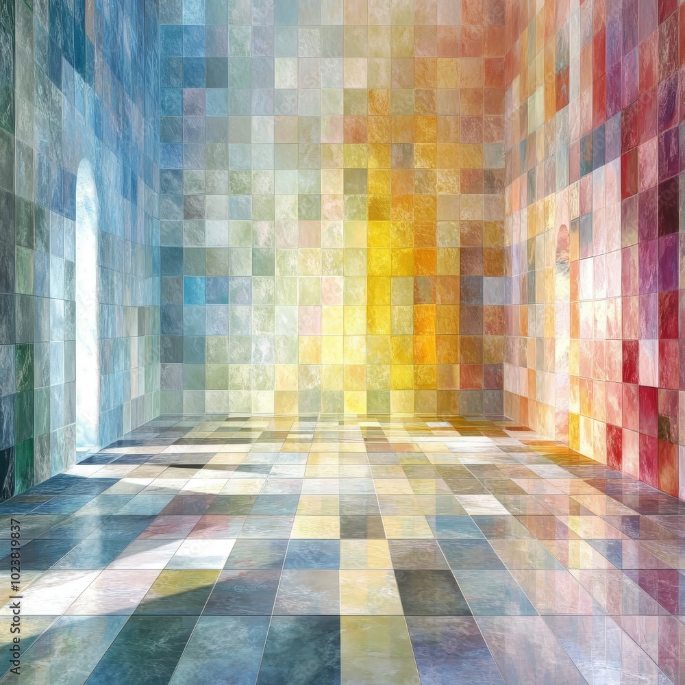 A colorful room with a white wall and a window. The room is filled with different colored tiles, creating a vibrant and lively atmosphere A colorful room with a white wall and a window. The room is filled with different colored tiles, creating a vibrant and lively atmosphere