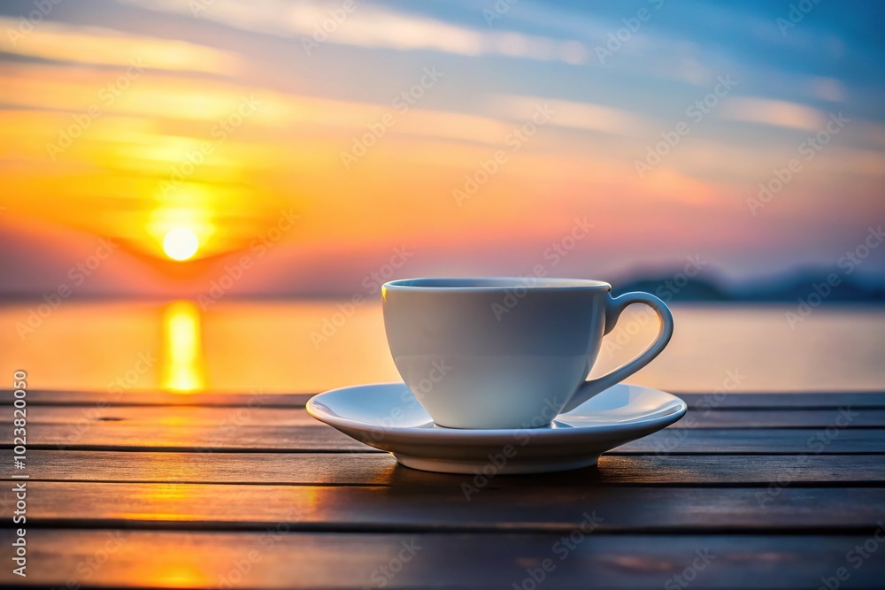 Minimalist morning black coffee at dawn against a landscape, a white cup on a saucer stands on a table Minimalist morning black coffee at dawn against a landscape, a white cup on a saucer stands on a table