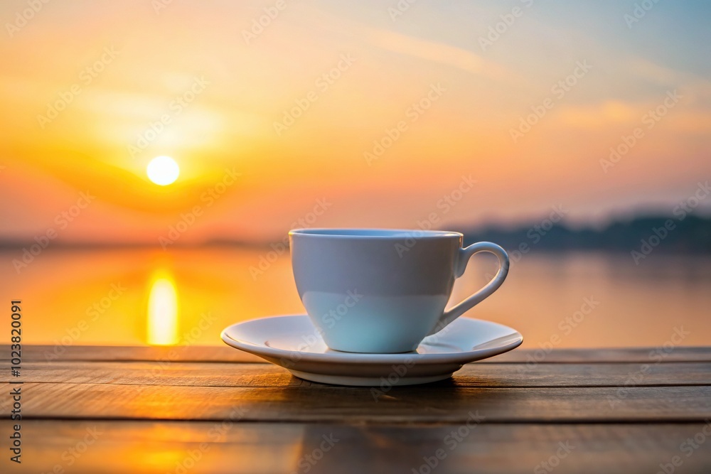 Minimalist morning black coffee at dawn with white cup on saucer on table Minimalist morning black coffee at dawn with white cup on saucer on table