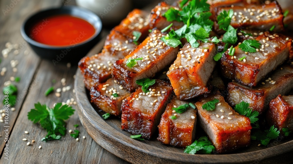 Delicious Grilled Meat with Fresh Herbs and Sauce Delicious Grilled Meat with Fresh Herbs and Sauce