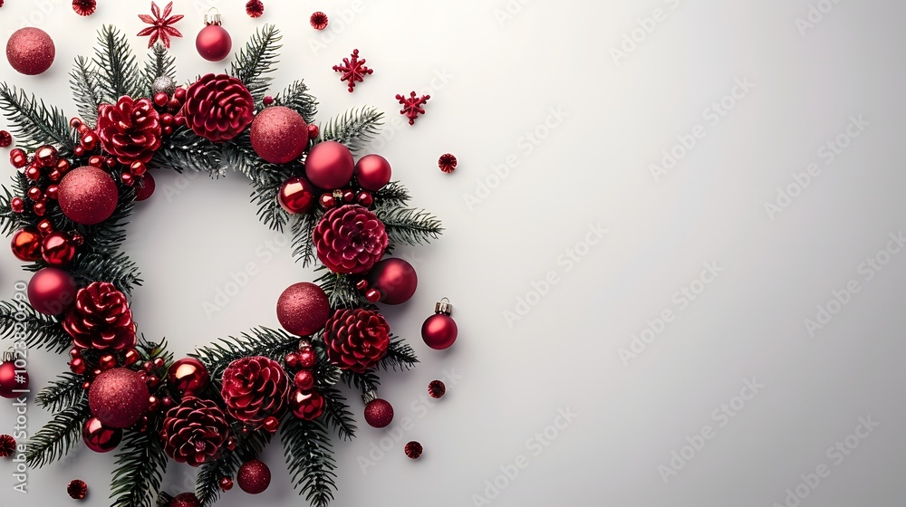 Red Christmas wreath with pinecones and baubles on white background. Flat lay composition with copy space. Holiday and winter decoration concept for banner, greeting card, and marketing material Red Christmas wreath with pinecones and baubles on white background. Flat lay composition with copy space. Holiday and winter decoration concept for banner, greeting card, and marketing material