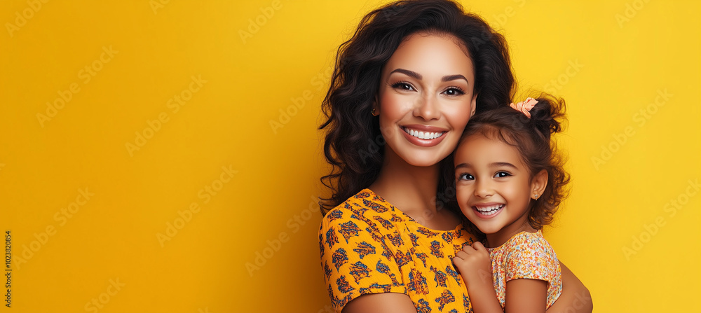 Latina mother and daughter in a tender embrace on a warm yellow background Latina mother and daughter in a tender embrace on a warm yellow background