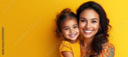 Momentos alegres: madre e hija hispanas posan juntas sobre un fondo amarillo vibrante