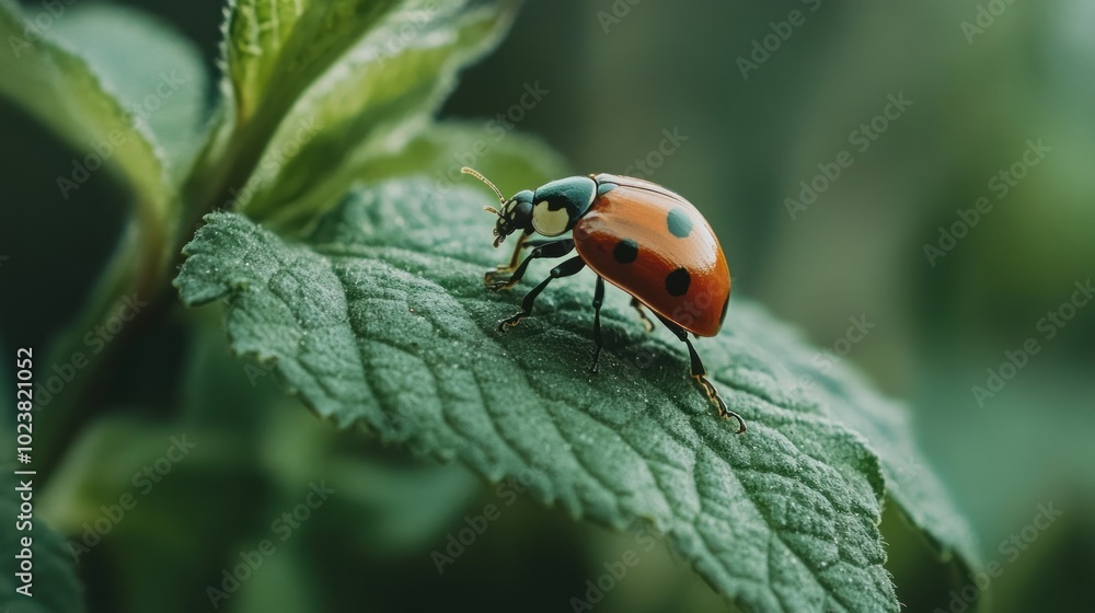 A red ladybug with black spots crawls on a green leaf. A red ladybug with black spots crawls on a green leaf.