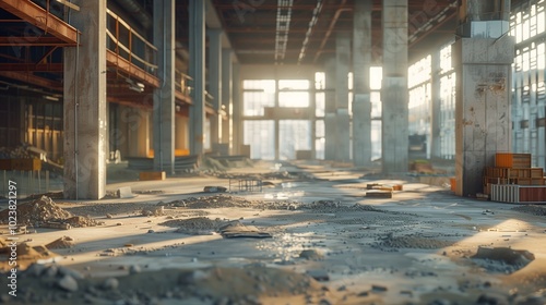  A large, empty industrial building with high ceilings and beams, surrounded by scaffolding and piles of rubble, suggesting ongoing construction or renovation work