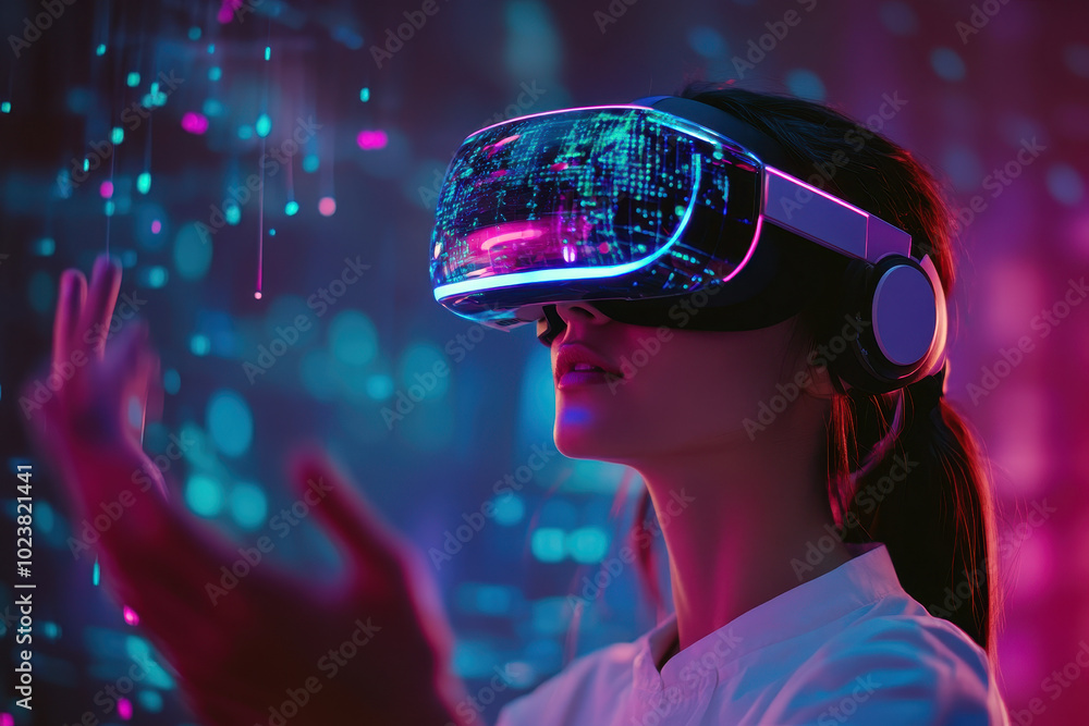 Woman experiencing virtual reality with futuristic VR headset Woman experiencing virtual reality with futuristic VR headset