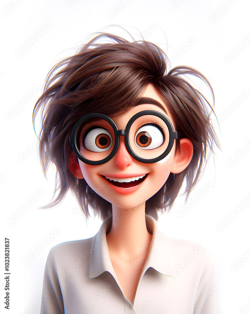 A 3d nerdy girl cartoon character, with glasses and messy hair. She is excited, happy, cheerful, amazed, surprised with a smile on her face, isolated on a vertical white background A 3d nerdy girl cartoon character, with glasses and messy hair. She is excited, happy, cheerful, amazed, surprised with a smile on her face, isolated on a vertical white background
