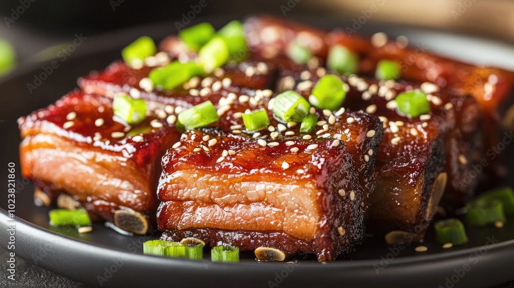 Delicious Glazed Pork Belly with Green Onions and Sesame Delicious Glazed Pork Belly with Green Onions and Sesame
