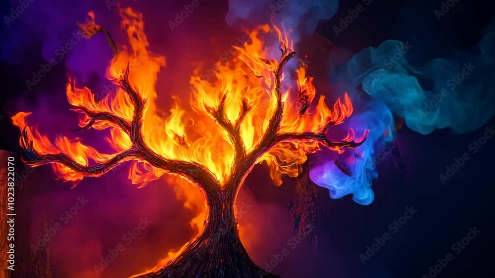 A tree engulfed in flames stands tall against a dark background, with wisps of blue smoke swirling around it A tree engulfed in flames stands tall against a dark background, with wisps of blue smoke swirling around it