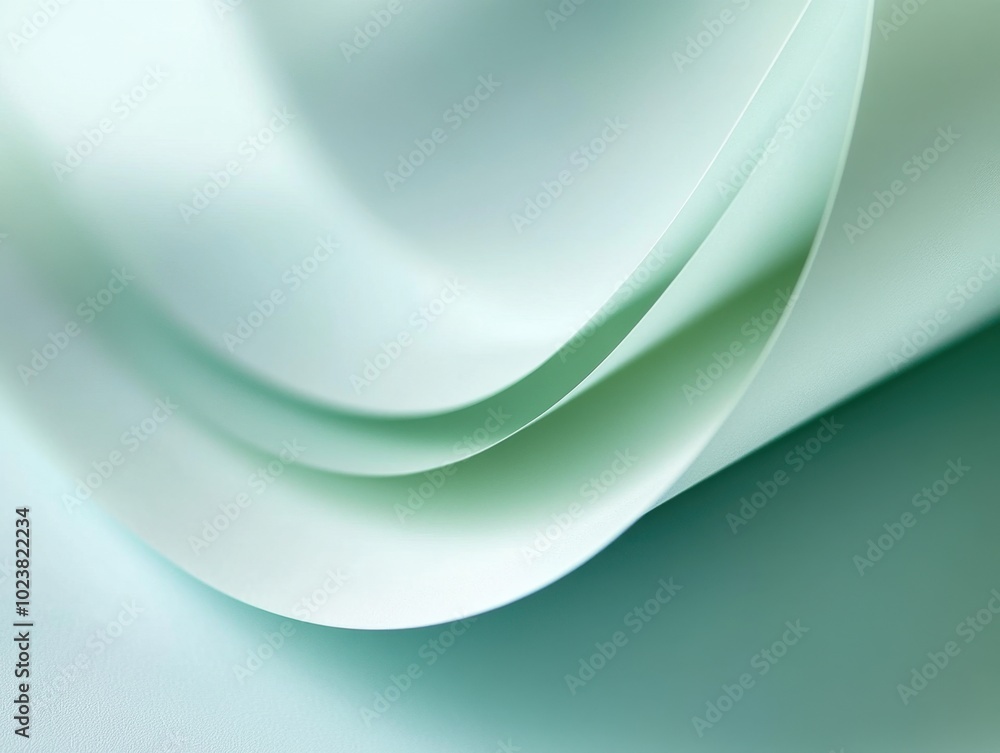 Fototapeta premium Light blue background, close-up of curved paper with light green edges, soft and smooth curves Generative AI