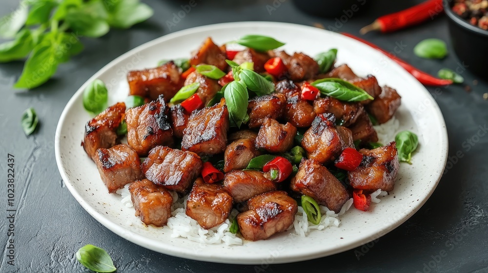 Savory Grilled Meat Dish on Rice with Fresh Herbs Savory Grilled Meat Dish on Rice with Fresh Herbs