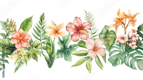 Watercolor Tropical Floral Border   Hibiscus  Palm Leaves  and Exotic Flowers