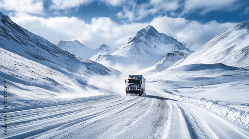 A lone truck driving on a snow-covered mountain pass, surrounded by snowy peaks and winter landscapes. photo