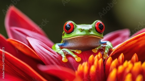 A vibrant green red-eyed tree frog sits on a bright red flower, its large red eyes staring directly at the camera.