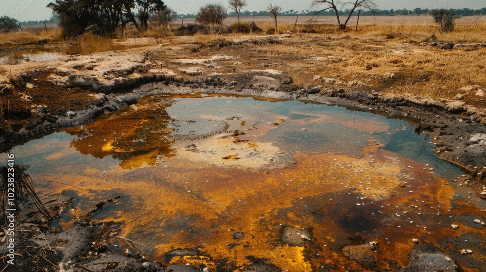 A desolate, drought-affected landscape with a small, polluted water pool surrounded by dry, cracked earth and sparse vegetation under a hazy sky A desolate, drought-affected landscape with a small, polluted water pool surrounded by dry, cracked earth and sparse vegetation under a hazy sky
