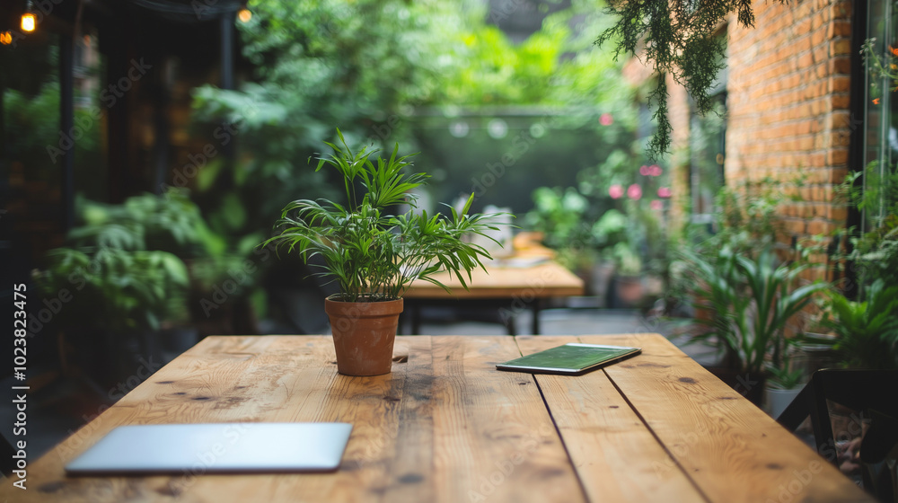Remote work digital nomad scene at stylish, lush brick wall coffee shop with wooden tables Remote work digital nomad scene at stylish, lush brick wall coffee shop with wooden tables