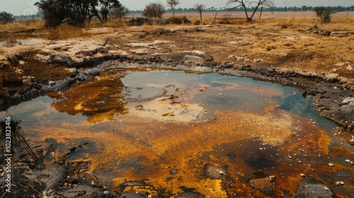 A desolate, drought-affected landscape with a small, polluted water pool surrounded by dry, cracked earth and sparse vegetation under a hazy sky