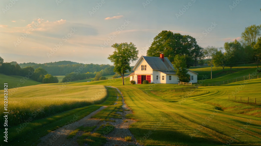 Idyllic country house in serene rural landscape at sunset Idyllic country house in serene rural landscape at sunset