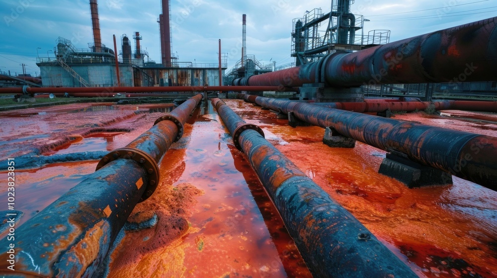 A industrial facility with rusted pipes leaking pollution into stagnant water. The image highlights environmental neglect and industrial decay A industrial facility with rusted pipes leaking pollution into stagnant water. The image highlights environmental neglect and industrial decay