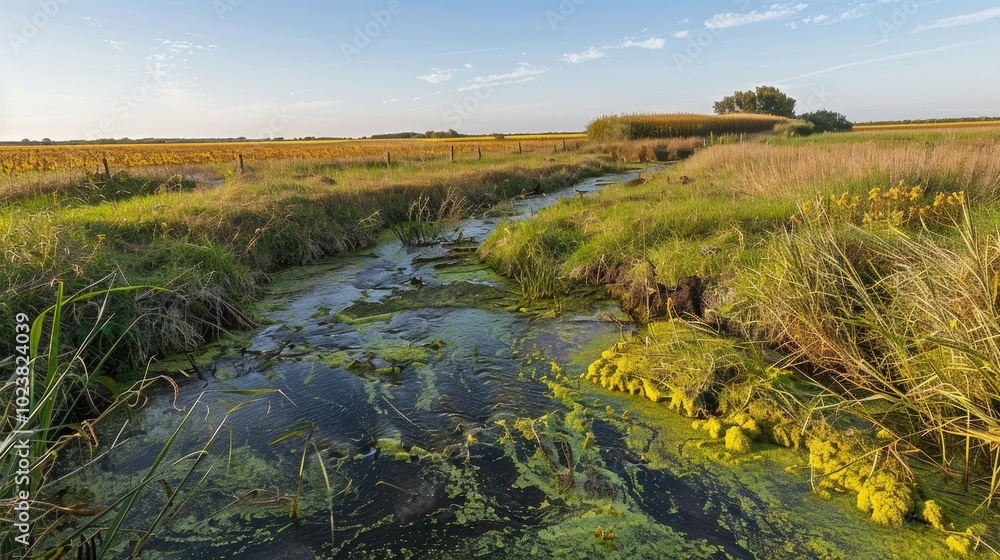 A lush green field with visible fertilizer runoff streaming through the land, under a dramatic cloudy sky, highlighting environmental impacts on agriculture A lush green field with visible fertilizer runoff streaming through the land, under a dramatic cloudy sky, highlighting environmental impacts on agriculture