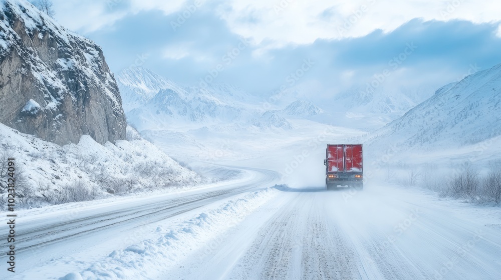 A truck navigating snow-covered roads in a remote mountain landscape with heavy snow on the ground. A truck navigating snow-covered roads in a remote mountain landscape with heavy snow on the ground.