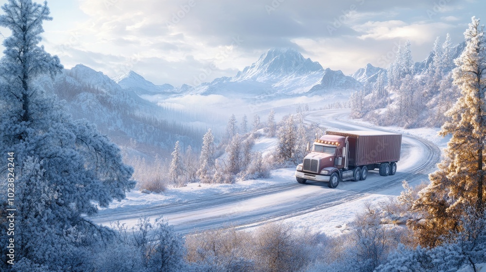 A truck on a winding snowy road, making its way through a mountainous winter terrain, framed by frosted trees. A truck on a winding snowy road, making its way through a mountainous winter terrain, framed by frosted trees.