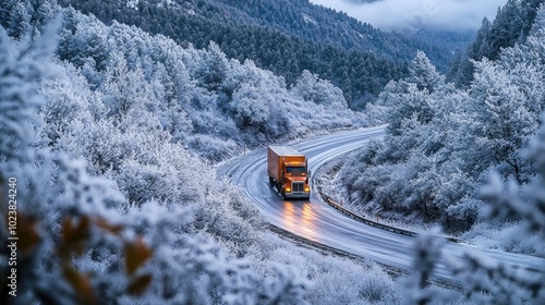 A truck on a winding snowy road, making its way through a mountainous winter terrain, framed by frosted trees.