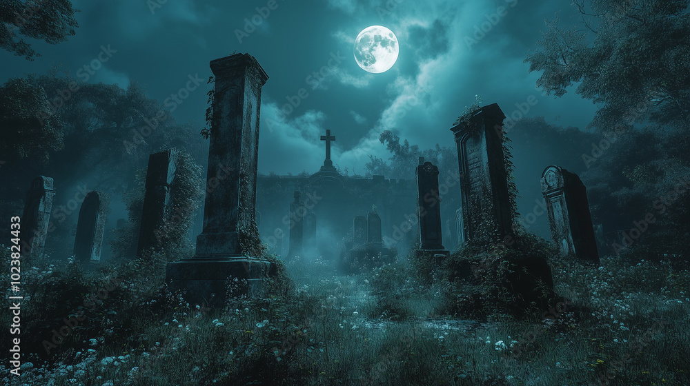 Graveyard in the night. With tombstones covered in moss, a full moon overhead, and a ghostly figure wandering among the graves Graveyard in the night. With tombstones covered in moss, a full moon overhead, and a ghostly figure wandering among the graves
