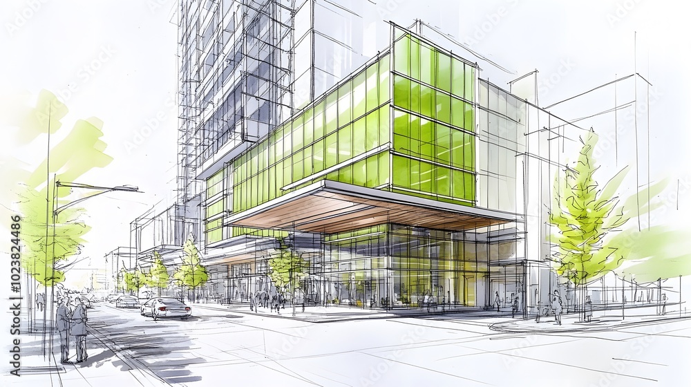 A sketch of an office building with green sustainable features on the facade, located in downtown A sketch of an office building with green sustainable features on the facade, located in downtown