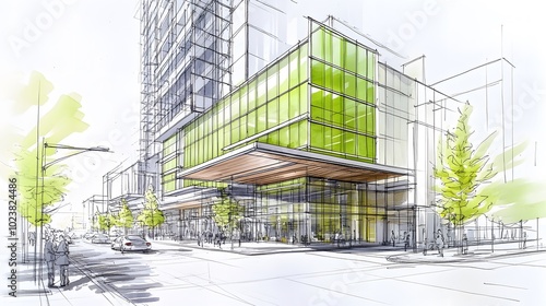 A sketch of an office building with green sustainable features on the facade, located in downtown