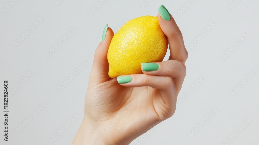 Close-up of a hand with green nails holding a yellow lemon Close-up of a hand with green nails holding a yellow lemon