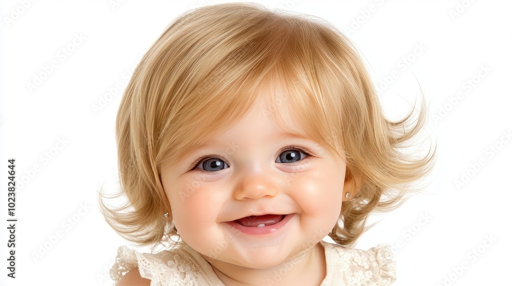 A beautiful baby girl beams with happiness in a well-lit studio, wearing an off-white dress. Her sparkling eyes reflect joy as she lies comfortably on her stomach A beautiful baby girl beams with happiness in a well-lit studio, wearing an off-white dress. Her sparkling eyes reflect joy as she lies comfortably on her stomach