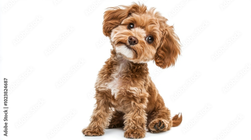 Brown and beige curly-haired puppy tilting head isolated on a white background Brown and beige curly-haired puppy tilting head isolated on a white background