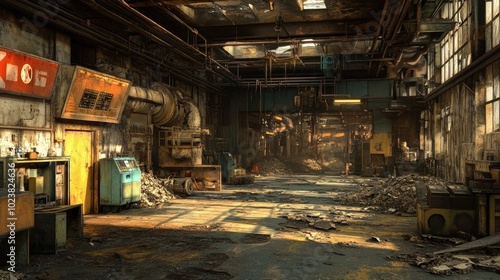 An empty, dilapidated industrial space filled with waste piles, old machinery, and signs of decay.