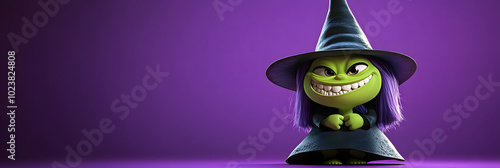 3D animated cartoon green witch friendly, solid purple background, copy space photo