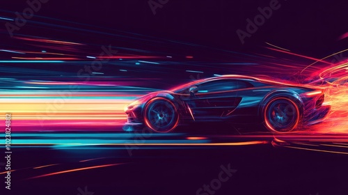 A sleek black sports car with glowing neon lights streaks across a dark background.