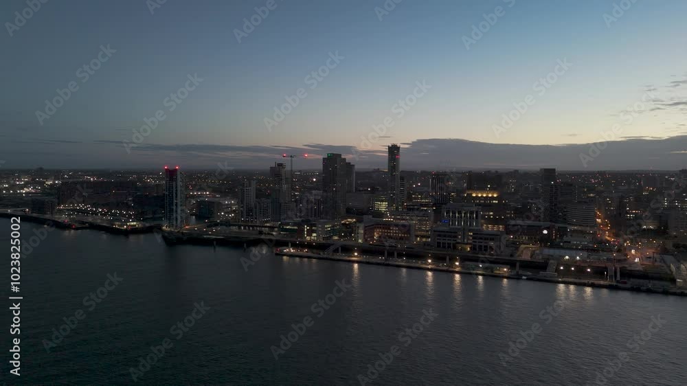 Liverpool Aerial view of liverpool waterfront at twilight with city lights Liverpool Aerial view of liverpool waterfront at twilight with city lights