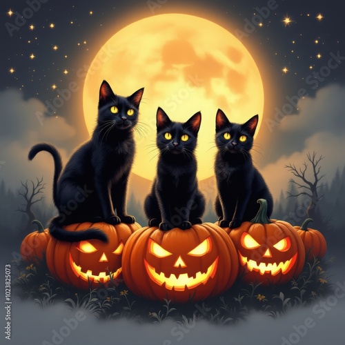 Black cats with pumpkins under full moon 