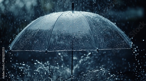 A clear umbrella shields against relentless rain, casting a protective canopy amidst a deluge of water droplets. This image captures the essence of a stormy day