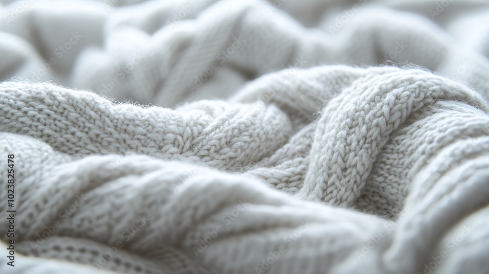 A close-up view of knitted fabric, showcasing the intricate intertwining of threads that create a textured and flexible material. The soft and cozy appearance of the fabric invites warmth A close-up view of knitted fabric, showcasing the intricate intertwining of threads that create a textured and flexible material. The soft and cozy appearance of the fabric invites warmth