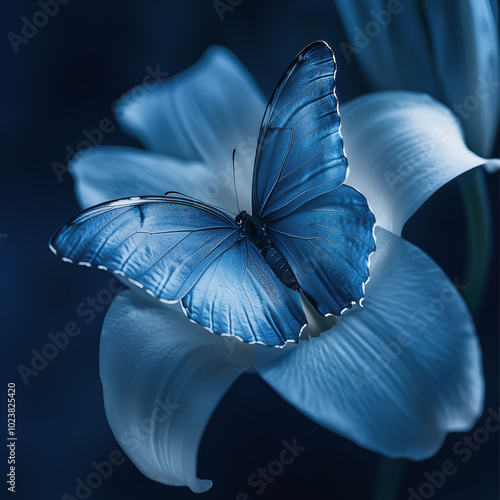 Vibrant blue butterfly resting on a matching blue flower in a dreamy dark setting.
 photo