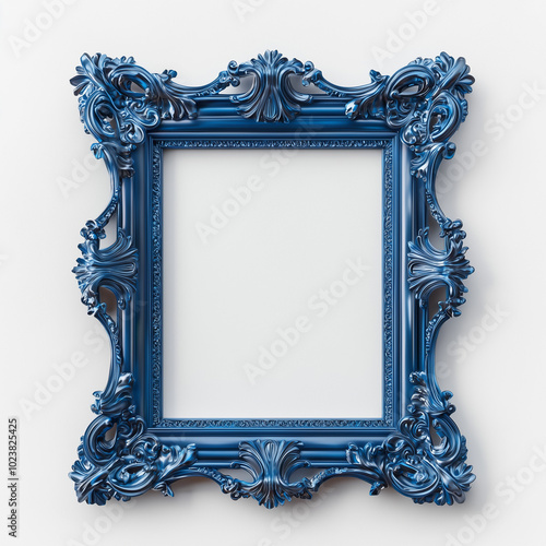 Square antique blue picture frame with intricate detailing, empty on white background.
 photo