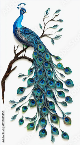 Elegant paper quilling artwork of a blue peacock perched on a branch.
 photo