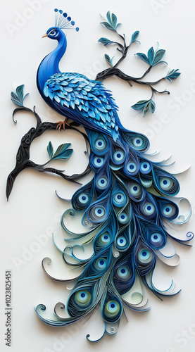 Elegant paper quilling artwork of a blue peacock perched on a branch.
 photo