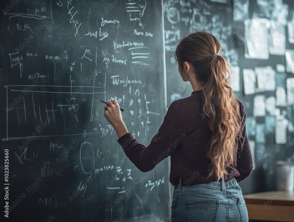 Creative young woman engaged in mathematical problem-solving in a classroom setting Creative young woman engaged in mathematical problem-solving in a classroom setting
