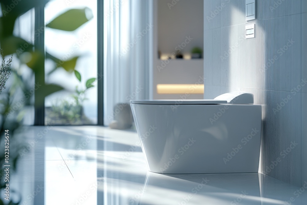 Modern Bathroom With Sunlight Pouring Through Window onto Stylish White Toilet