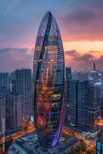 Skyscraper towering over city skyline at dusk with vibrant colors in the sky.
 photo