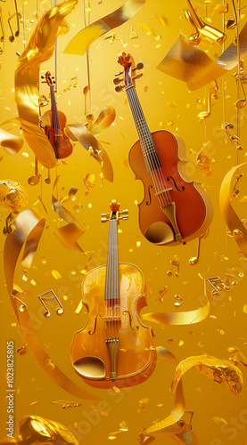 Three violins surrounded by musical notes and golden ribbons on a warm yellow background.
 photo