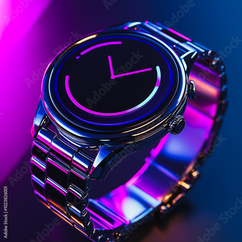 Modern luxury wristwatch in neon lighting with a sleek metallic design.
 photo