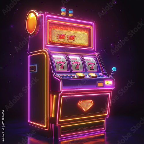 Neon-lit slot machine with glowing 7 symbols in a dark retro gaming scene.
